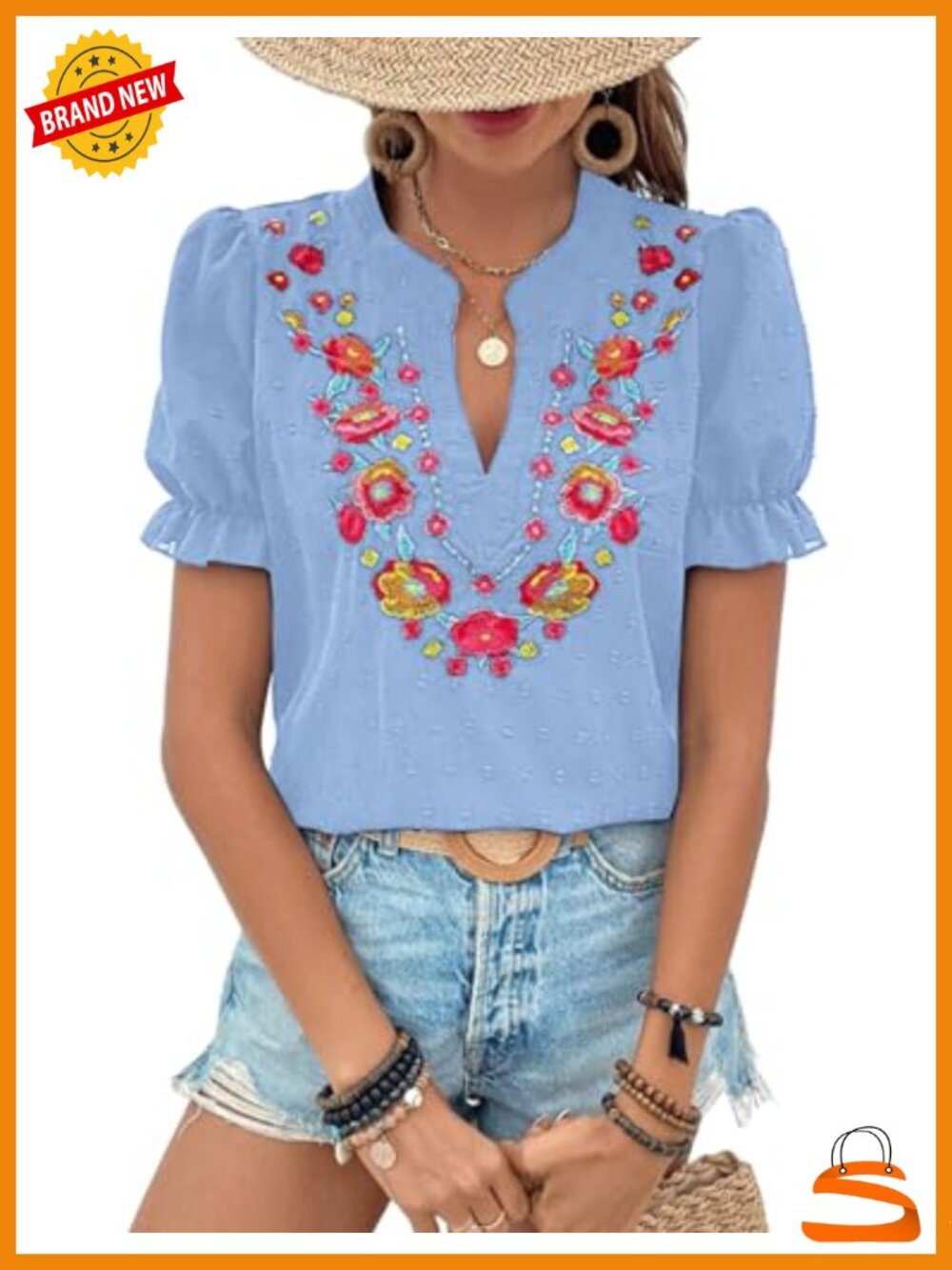 Women's Floral Embroidered V Neck Puff Sleeve Blouse Summer Casual Top